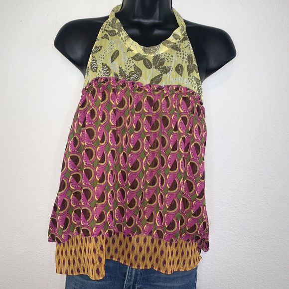 ZARA PRINTED HALTER TOP SIZE L Chiffon Hippie Peplum Layered low cut back Multi - Picture 1 of 12